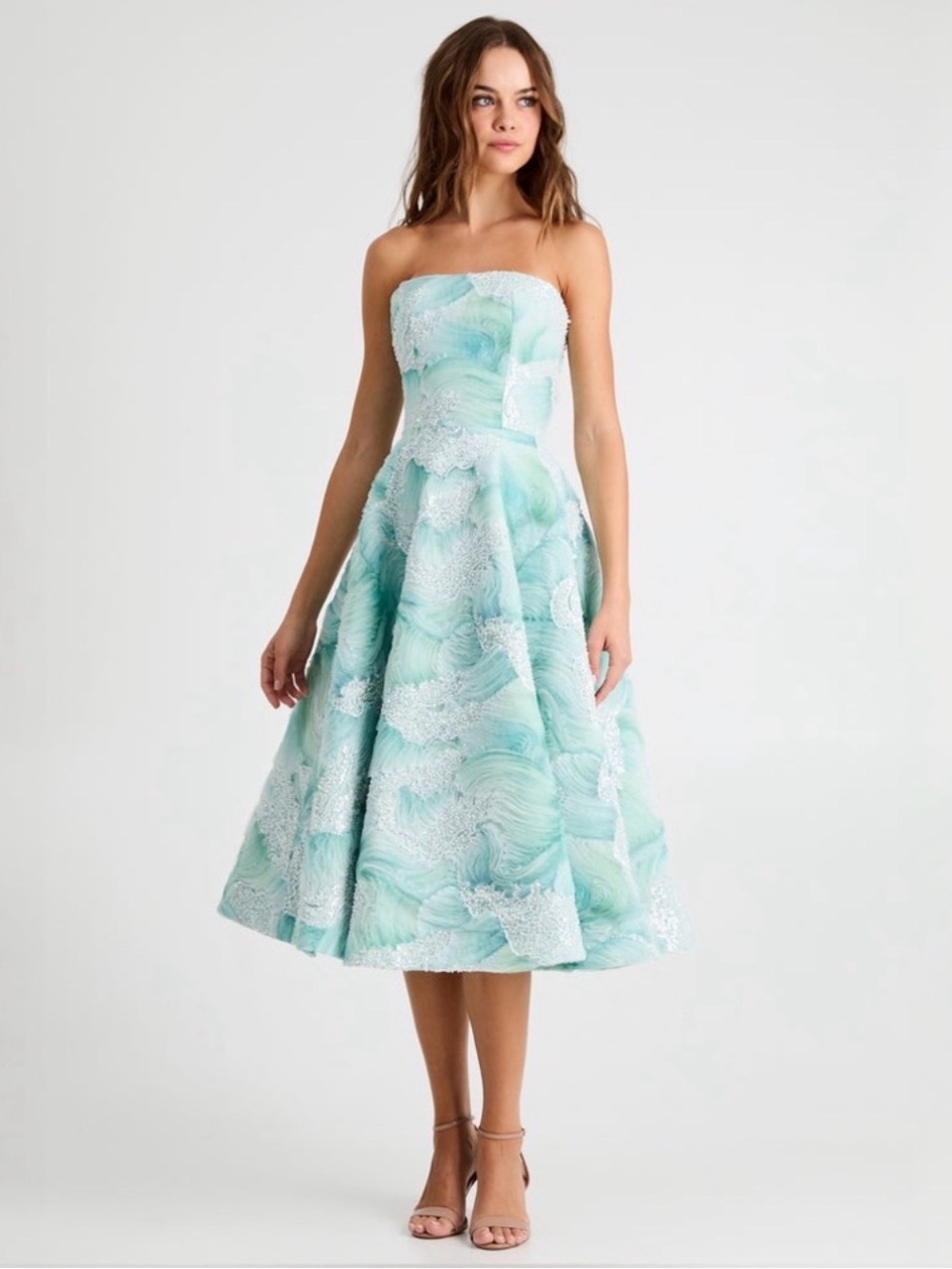 HELSI Vivi Bead Detail Print Strapless Cocktail Midi Dress Seafoam Green Size S